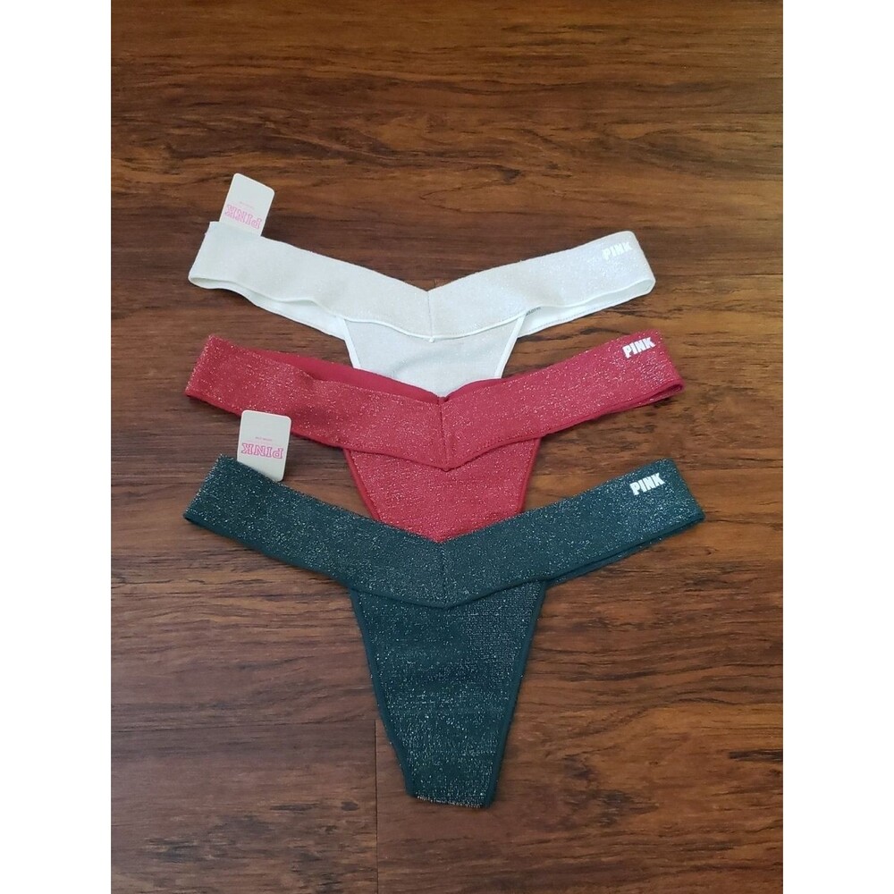 Victorias Secret Sparkle Thong Set Size Small New Silver, Rose, Forest Green